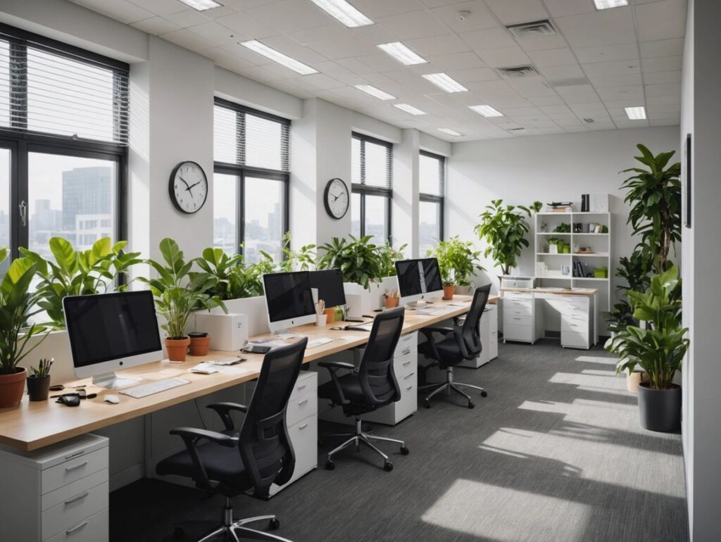 Bright modern office with desks, computer monitors and green plants