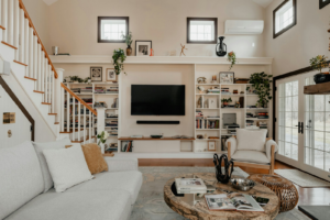Eco-friendly living room with natural light, plants, and minimalist decor — symbolizing a healthy, green home.
