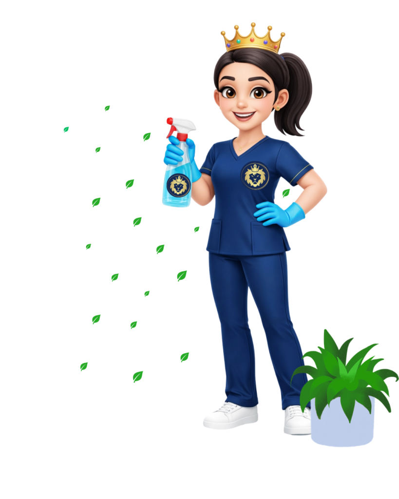 Glow girl mascot holding eco-friendly spray representing Royal Glow Cleaning commitment to non-toxic sustainable home cleaning in San Francisco