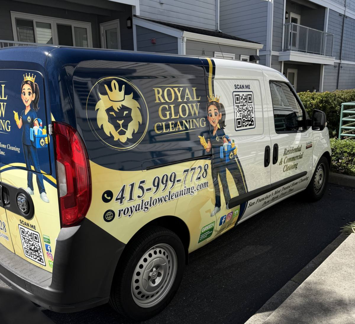 Royal Glow Cleaning van in navy and gold, marked with the lion crest, the Royal Glow Cleaning name, 415-999-7728 and royalglowcleaning.com