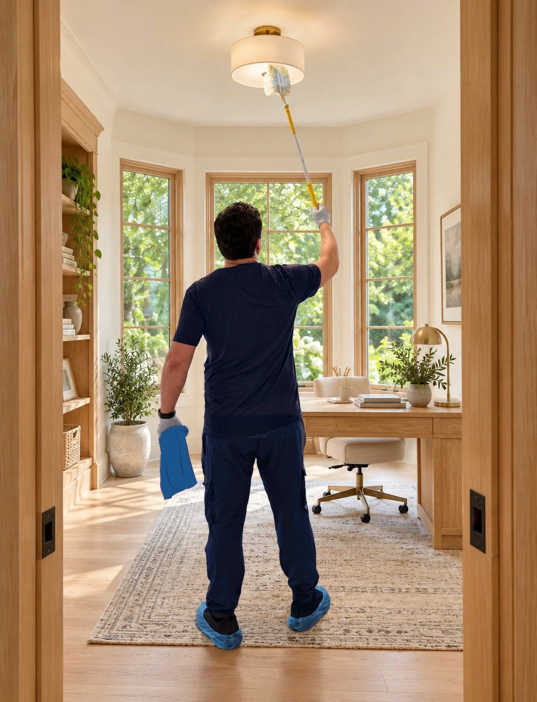 Royal Glow cleaner dusting a ceiling light fixture, top-to-bottom