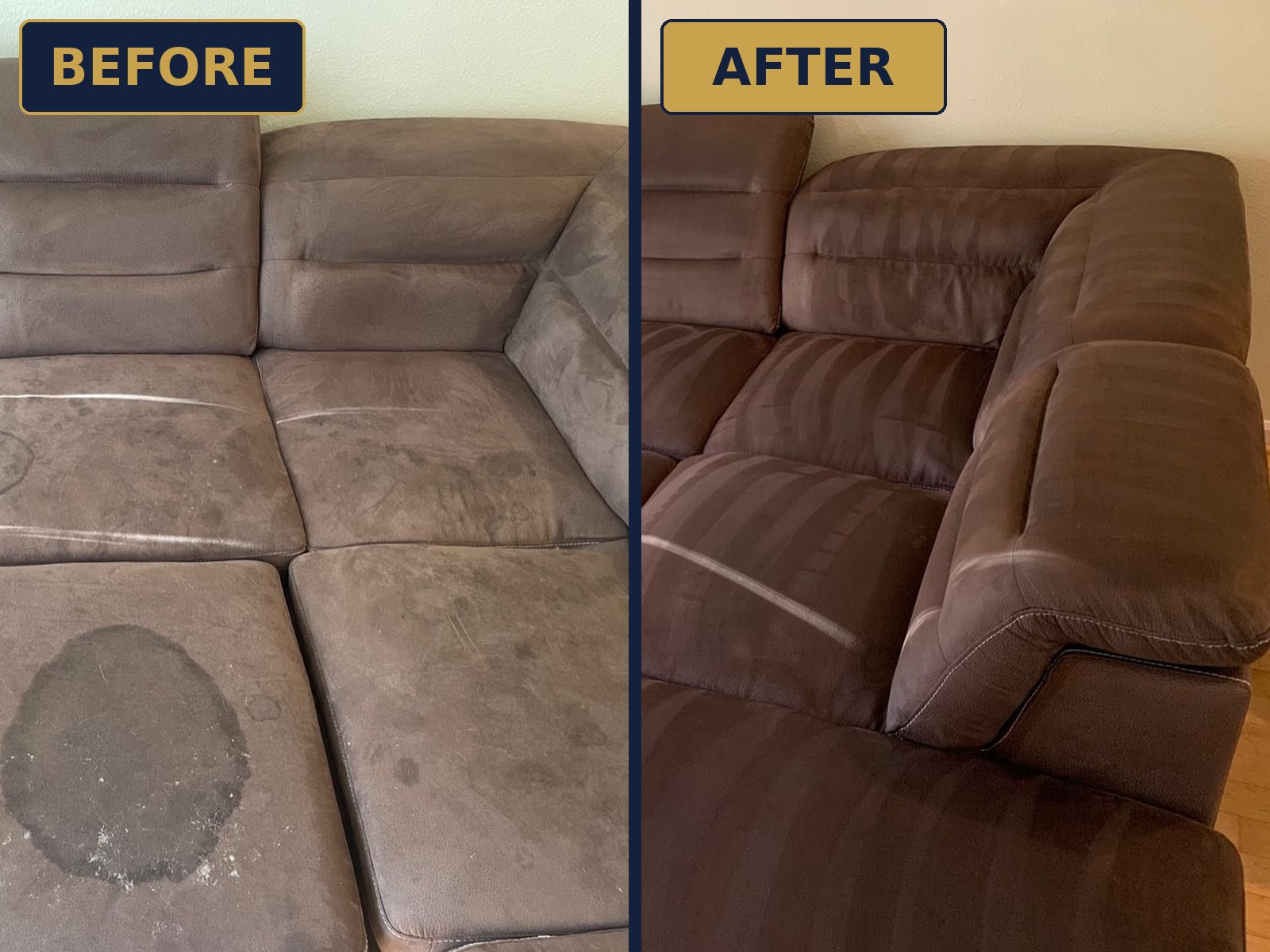 Before and after: sectional sofa upholstery cleaning removing a large stain