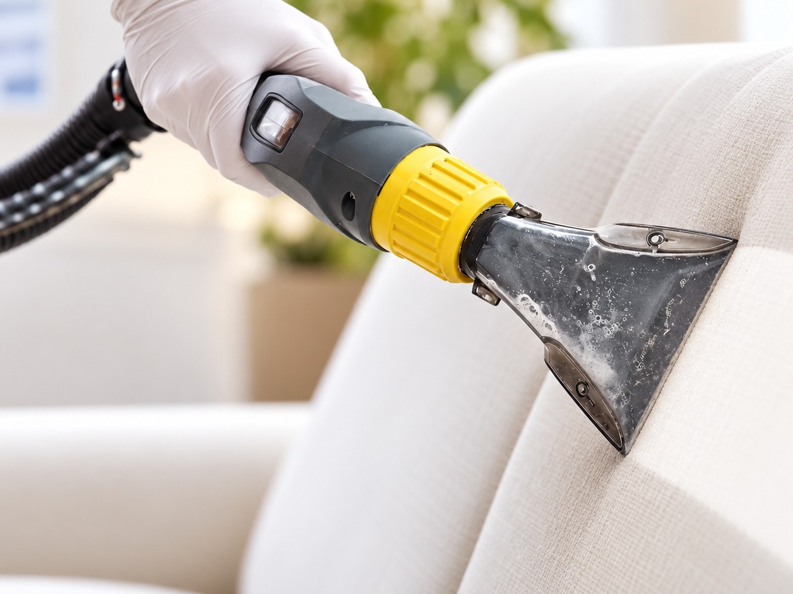 Close-up of a professional hot-water extractor cleaning sofa fabric
