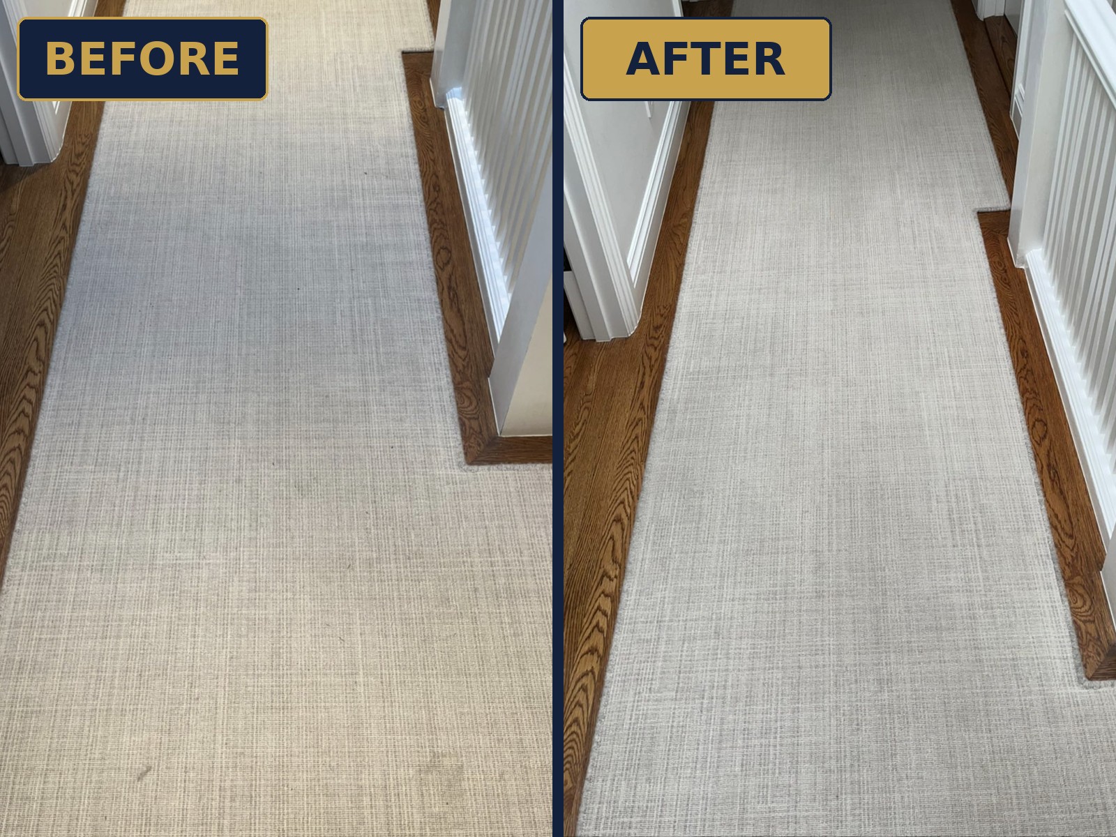 Hallway runner rug before and after professional cleaning by Royal Glow