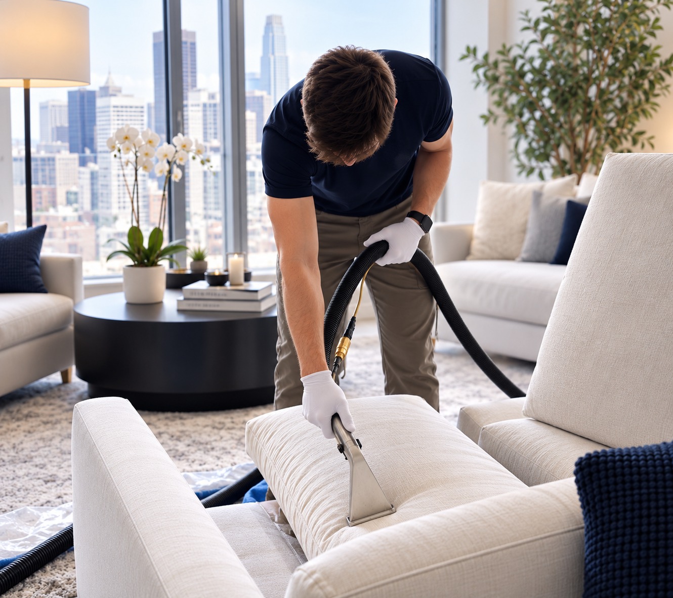 Royal Glow technician hot-water extraction cleaning a sofa in a navy uniform