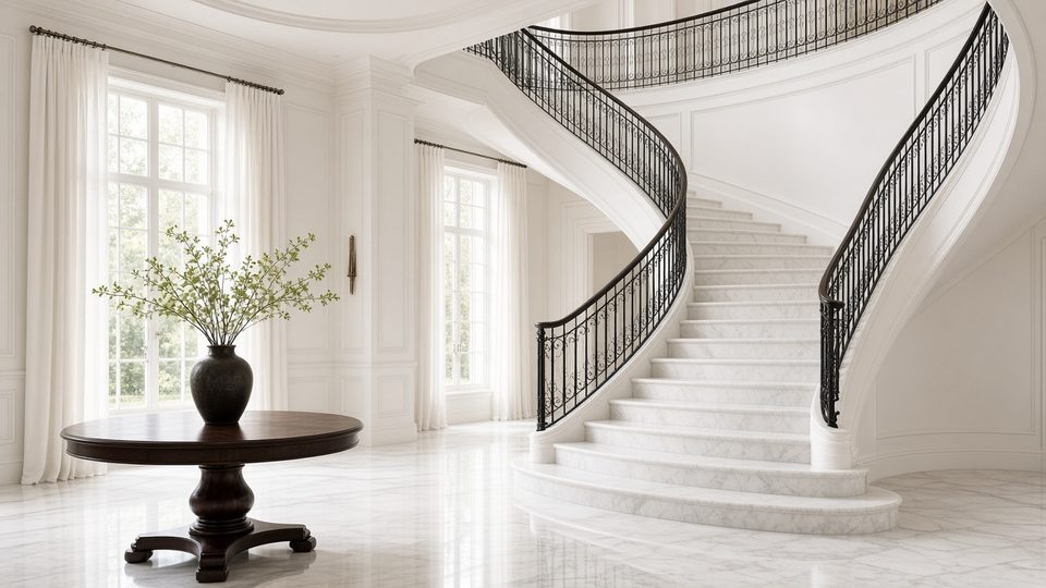 Grand entry hall with a curved marble staircase in a luxury estate home